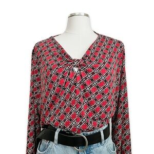 liz claiborne | stylish red 3/4 sleeve keyhole tunic logo pattern blouse | sz xl